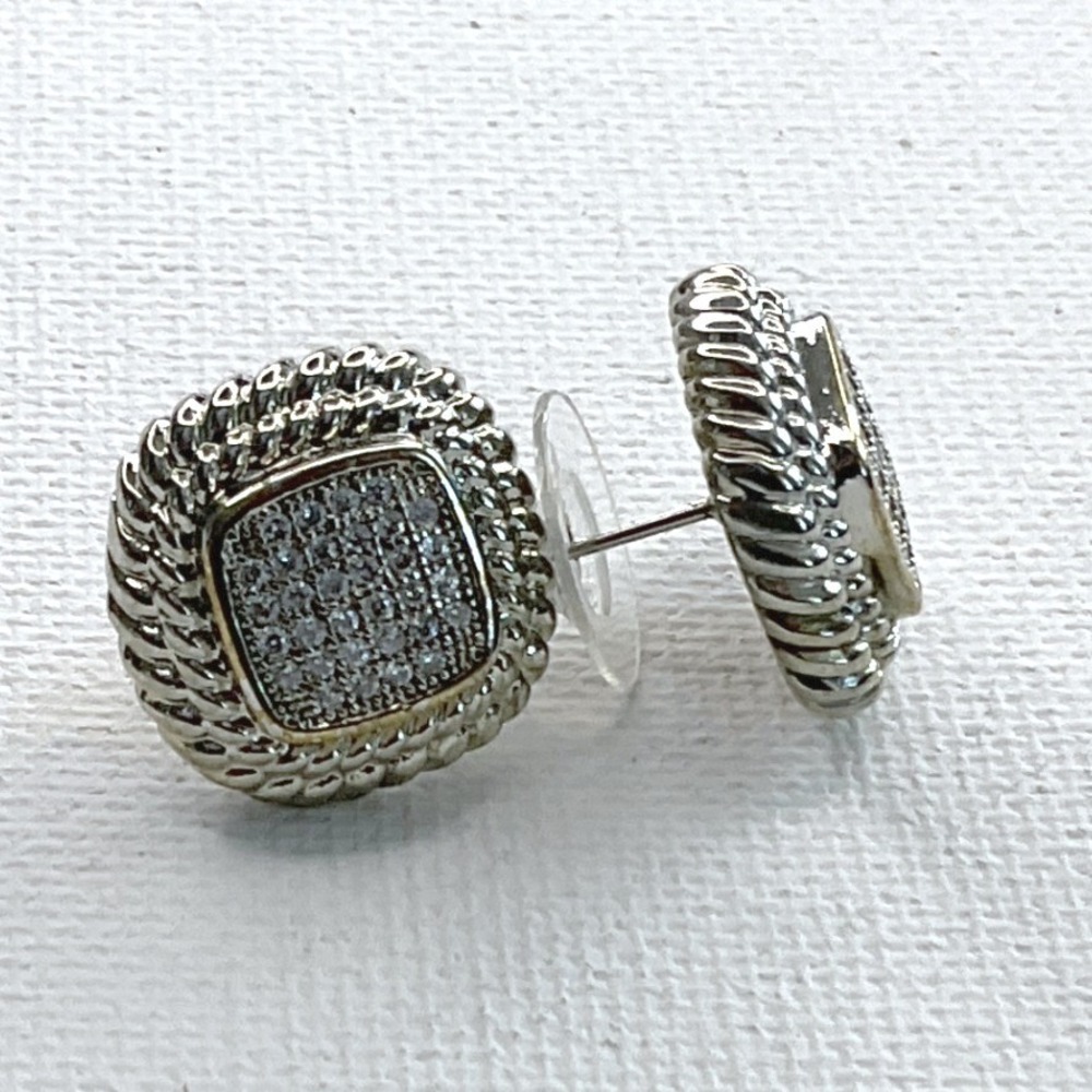 Earrings Silver Two-Tone Rhinestone Square Cable Border Push Back Classic New - Picture 3 of 4